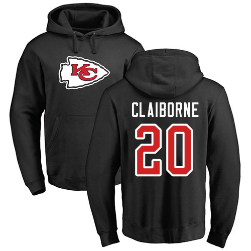 Men Kansas City Chiefs #20 Claiborne Morris Black Name and Number Logo Pullover Hoodie->nfl t-shirts->Sports Accessory